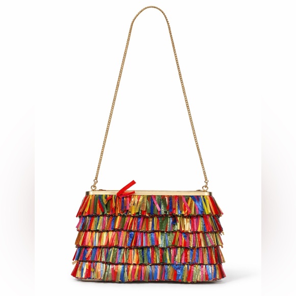 Olga Berg Carlita Carnivale multi-color raffia fringe clutch gold-tone chain.